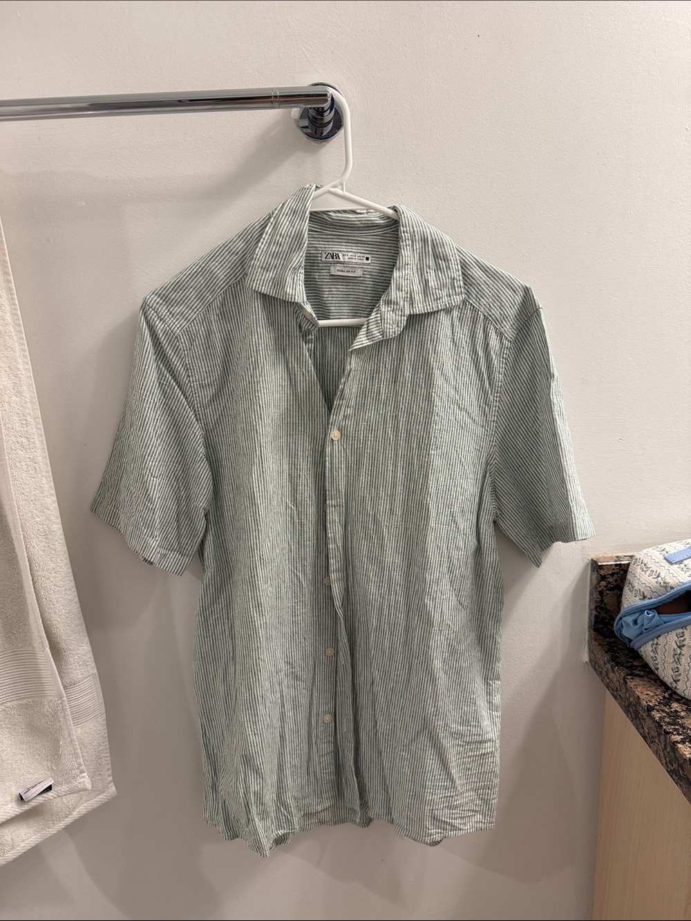 Zara Light Green Striped Short Sleeve Button-Down Shirt